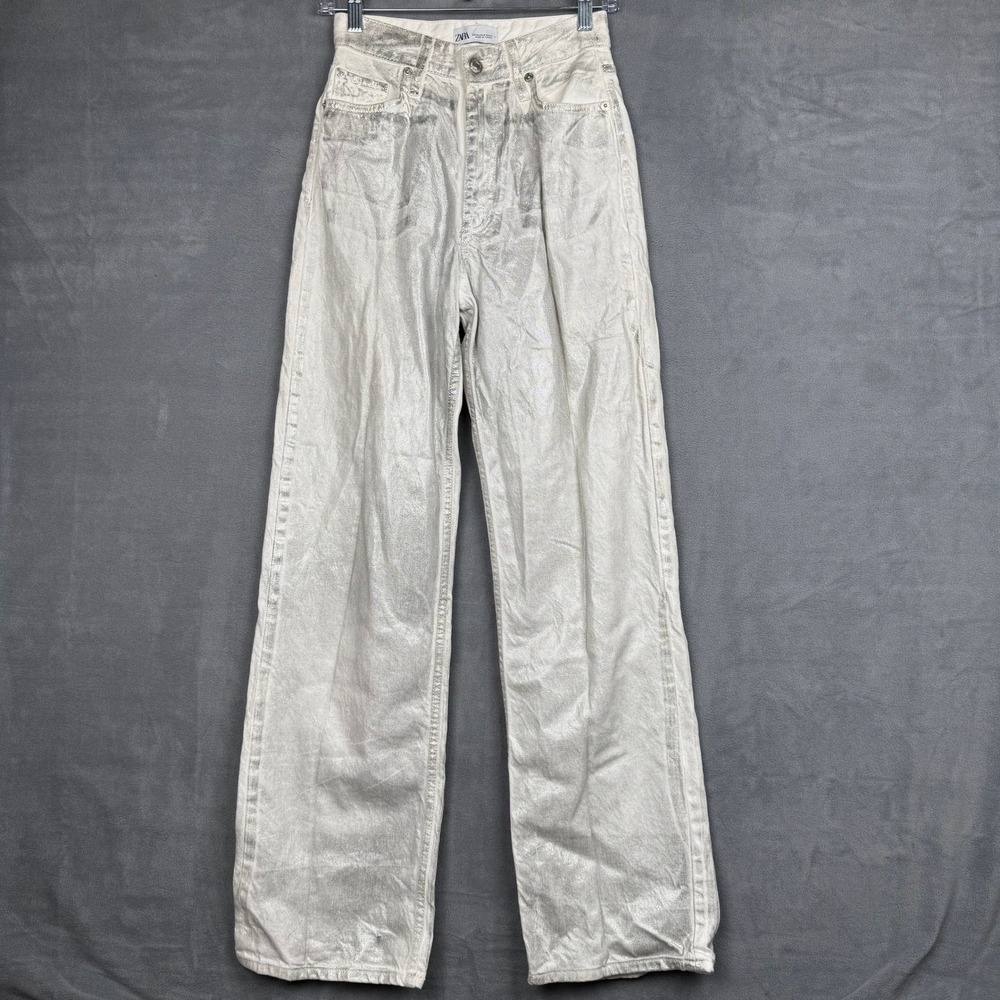 Zara Metallic Silver Foil High Waisted Wide Leg Jeans White Womens Size 0‎ 32